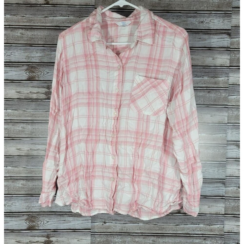 Time And Tru Women's XL Pink White Plaid Button Down Blouse Long Sleeve Flannel